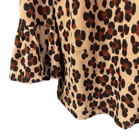 Elizabeth Wilson Ruff Neck Flare Sleeve Corduroy Leopard Print Top Womens Large - Picture 2 of 6